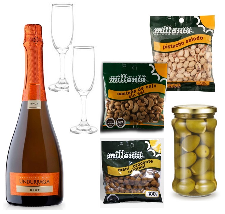 Champagne Espumante 750cc, 2 Copas, Mani, Pistacho, Casta�as y Aceitunas